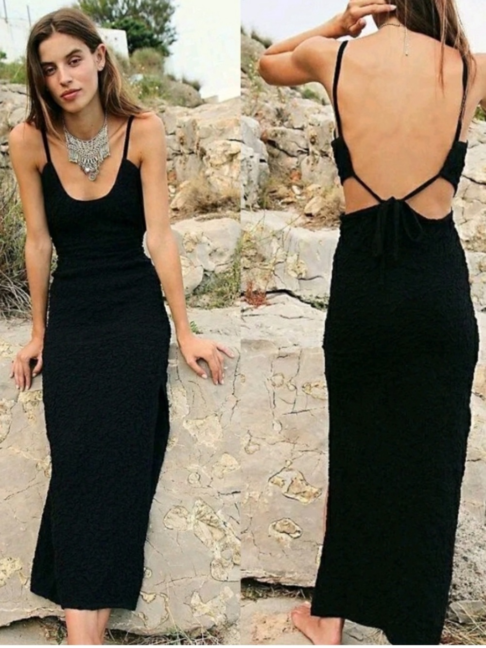 Free People NO LONGER MADE Za Za Midi Black Side Slit Dress Size L